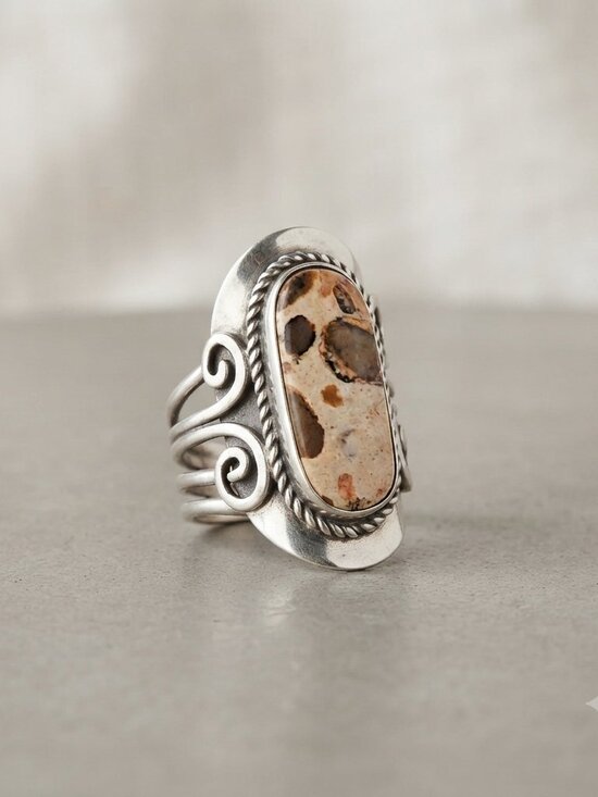 Coco V Boutique Jewelry - Artisan Silver & Earth-Tone Swirl Statement Ring Adjustable Boho-Luxe Band